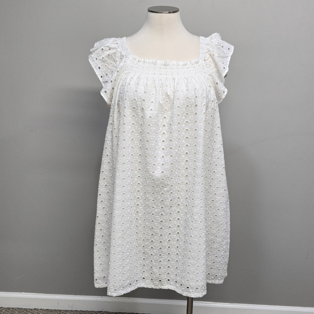 Nordstrom Mini Dress Women Large White Prairie Eyelet Lace Shift Pockets Flutter